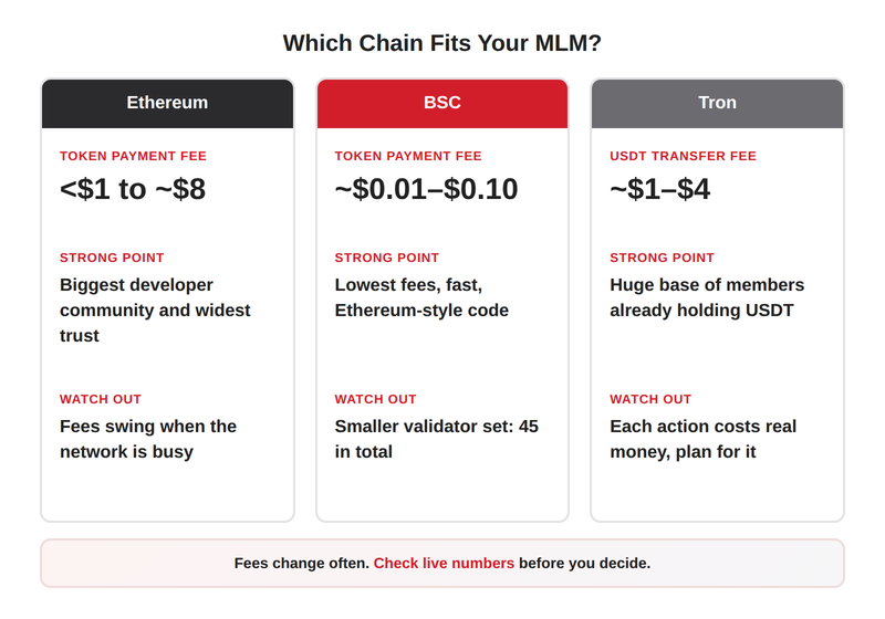 Ethereum vs Tron vs BSC compared for MLM smart contracts: fees, strengths and watch-outs